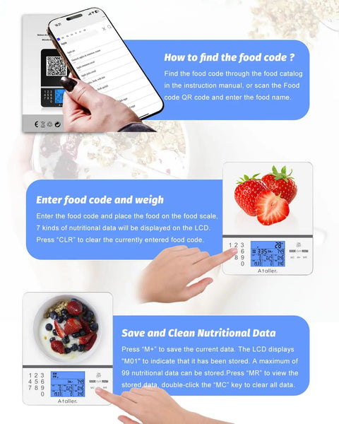 Digital Kitchen Scale With Nutritional Calculator showing phone scanning QR, strawberries on scale, and nutritional data display.