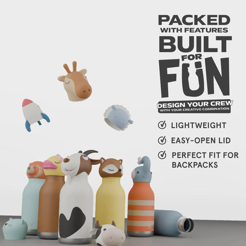 Charming Cow Print Water Bottle For Kids And Teens Bpa Free Reusable Insulated Sipper Cup Limited Edition Collectible Character Gear Squad Approved Vibe Plus Leak Proof Lid displayed with playful animal designs.