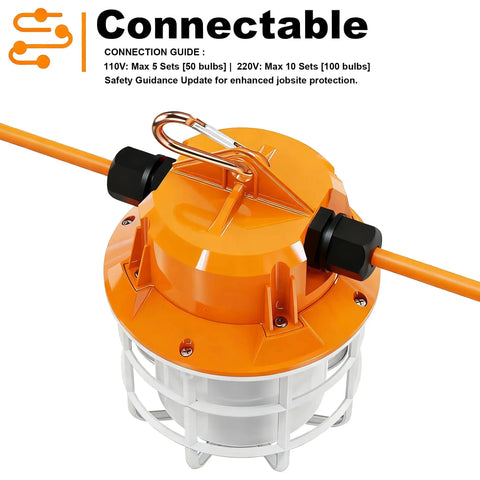 Close-up of 100Ft LED Construction String Lights 150W Industrial Grade with 15000LM 5000K Daylight IP65 hook and connector
