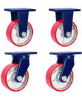 Set Of Four Six Inch Heavy Duty Casters With Swivel Locking Brakes And Double Ball Bearings with red wheels and blue mounts.