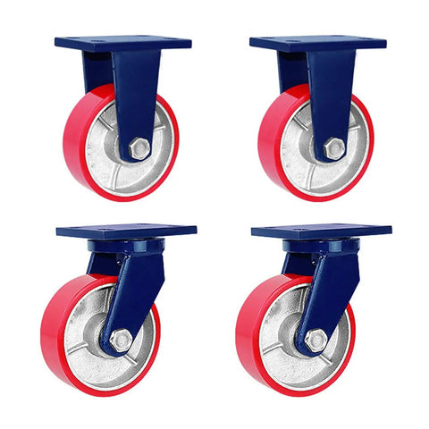 Set Of Four Six Inch Heavy Duty Casters With Swivel Locking Brakes And Double Ball Bearings with red wheels and blue mounts.
