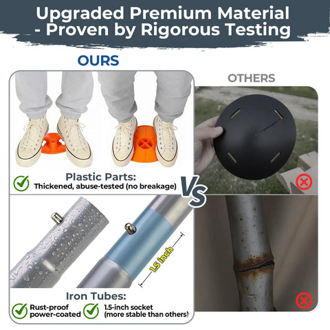 Boat Cover Support Poles With Anti-UV Ropes And 9-Inch ABS Base showing comparison of durable orange base vs cracked black base.