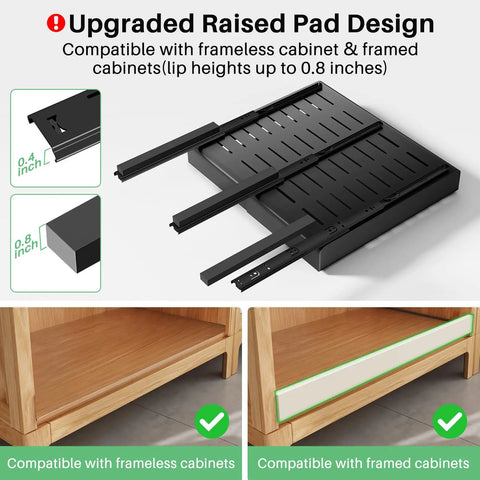 Knockout Heavy Duty Pull Out Cabinet Organizer With Dang Easy Setup And Tough Nano Adhesive For Smooth Glide showing upgraded raised pad design for frameless cabinets.