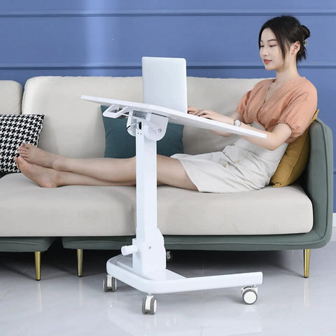 Height Adjustable Rolling Laptop Stand With Locking Casters Sleek Tilt Bed Desk For Sofa Hassle Free Mobility Solid Wood Desktop side view