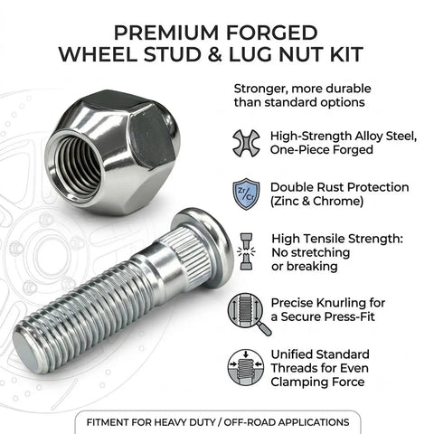 Upgrade Your Setup With This Heavy-Duty M12x1.5 Wheel Lug Nut Kit Featuring 4 Pieces of Premium Alloy Steel Studs That Are Built To Last And Replaces OEM Toyota Numbers For Perfect Fitment On Hyundai Kia Santa Fe Sonata Rio Sportage Forte Vehicles. M12x1.5 alloy steel wheel stud and lug nut kit, shown with 21mm hex nut