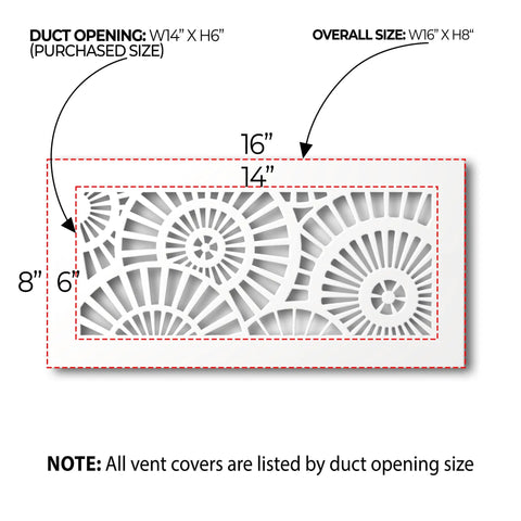Diagram of Decorative Acrylic Air Vent Cover Grille For Ducts 6x14 Opening And 8x16 Overall White Finish Waterwheel Style