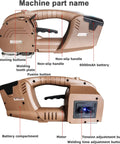 Rock Solid Electric Strapping Machine With Automatic Pp Pet Strap Tensioner And Quick Welding Tech showing buttons and battery compartments.