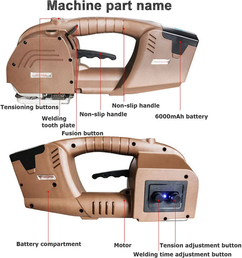 Rock Solid Electric Strapping Machine With Automatic Pp Pet Strap Tensioner And Quick Welding Tech showing buttons and battery compartments.