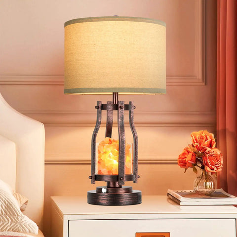 2 In 1 Farmhouse Table Lamp With Himalayan Salt Night Light, Touch Dial Bedside Lamp, USB A C Ports, AC Outlet on bedroom table