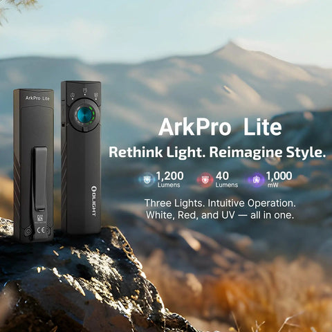 ArkPro Lite Flat Pocket Flashlight With 1200 Max Lumens Rechargeable USB C White LED Red Light And 365 Nm UV Light shown outdoors