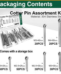 200 Piece Cotter Pin Assortment Kit Heavy Duty With Stainless Steel R Clips And Hitch Pin Clips In 6 Sizes For Trailer Tractor And Automotive Repair And Maintenance, open box view with labeled sizes and quantities.