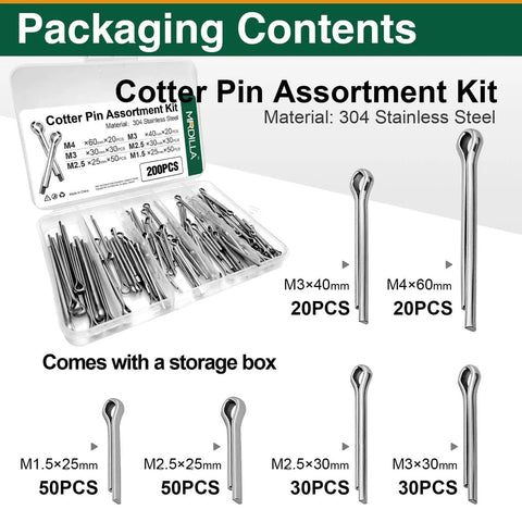 200 Piece Cotter Pin Assortment Kit Heavy Duty With Stainless Steel R Clips And Hitch Pin Clips In 6 Sizes For Trailer Tractor And Automotive Repair And Maintenance, open box view with labeled sizes and quantities.