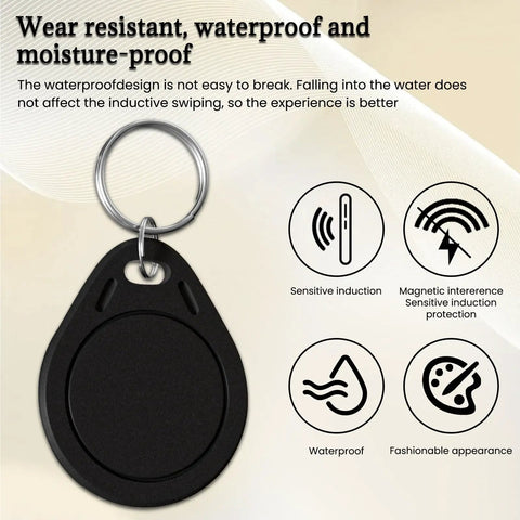10 Pack 125kHz Blank RFID Key Fobs Proximity Tokens Rewritable T5577 Built For Keyless Entry Security And Easy Access Control Systems Black For ID Card Duplication, showing black fob with waterproof design and features.