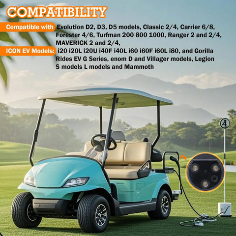Rugged Golf Cart Charging Power Cord Straight Up Reliable 120 Volt 3 Pin Replacement Charge Cable Assembly for Evolution Icon EV models, shown connected to a golf cart.
