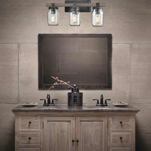Mason Jar Wall Sconce With Faux Distressed Metal Finish, 3 Light Bath Vanity Lighting For Bedroom And Bathroom, ETL Listed