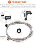 6 Ft Braided Stainless Steel Washing Machine Hoses 2 Pack Cold Blue And Hot Red Water Supply Lines Flexible Leakproof For Washer With Three Quarter Inch Fittings Durable Easy Install, product size and measurements shown