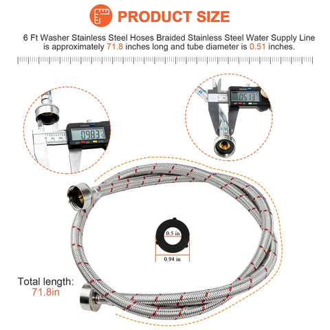 6 Ft Braided Stainless Steel Washing Machine Hoses 2 Pack Cold Blue And Hot Red Water Supply Lines Flexible Leakproof For Washer With Three Quarter Inch Fittings Durable Easy Install, product size and measurements shown