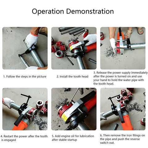 Operation demonstration of Heavy-Duty 2300W Handheld Electric Pipe Threader Kit with six dies for cutting threads.