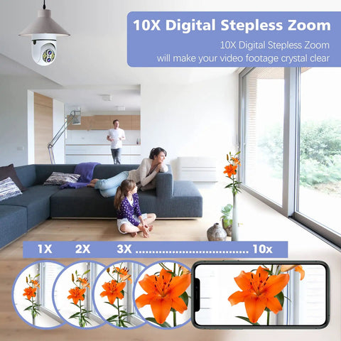 Outdoor 2MP Light Bulb Security Camera Wireless 2 4G WiFi 360 Degree Light Bulb Camera in a modern living room setting