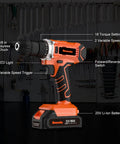 21V Cordless Drill Kit with 2Ah battery, LED light, showing 3/8 inch keyless chuck and 310 in-lb torque for wood and metal projects