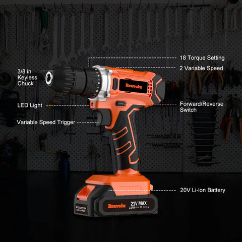 21V Cordless Drill Kit with 2Ah battery, LED light, showing 3/8 inch keyless chuck and 310 in-lb torque for wood and metal projects