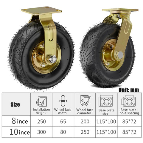 Badass 10 Inch Rubber Caster Wheels Set Of 4 With Upgraded Ball Bearings And Thick Steel Plates showing detailed wheel specs and design.