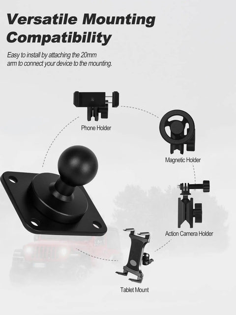 Versatile mounting compatibility for Badass Two Pack Four Hole AMPS Dashboard Mount With 20MM Ball And Complete Hardware Kit.