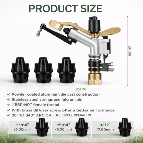 Two Pack One Inch Agricultural Irrigation Sprinkler With Spray Gun Heads Built For Heavy Duty Farm And Garden Tasks Featuring Wide Radius Coverage and product size details.