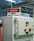 No Nonsense Aluminum Tent Warning Signs on industrial equipment, 5 x 3.5 inch, clear heat hazard alert, suitable for labs.