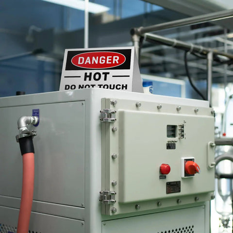 No Nonsense Aluminum Tent Warning Signs on industrial equipment, 5 x 3.5 inch, clear heat hazard alert, suitable for labs.