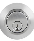 Front view of Satin Chrome Single Cylinder Deadbolt Lock For Commercial Security Built Tough ANSI Grade 1 UL Three Hour Fire Rating Interior Or Exterior Use Fits Doors From One And Three Eighths To Two Inches Thick Adjustable Backset Two And Three Eighths Or Two And