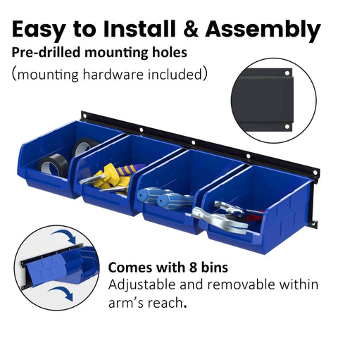 Wall Mounted Garage Storage Bin Rack With 8 Bins And 2 Rails Blue Large Tool Organizer installed with tools inside bins