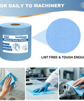 Workhorse Heavy Duty Industrial Wipes Blue 12 By 10 Inch Lint Free Cleanroom Cloths 500 Pack on a roll, shown in use for machinery cleanup.