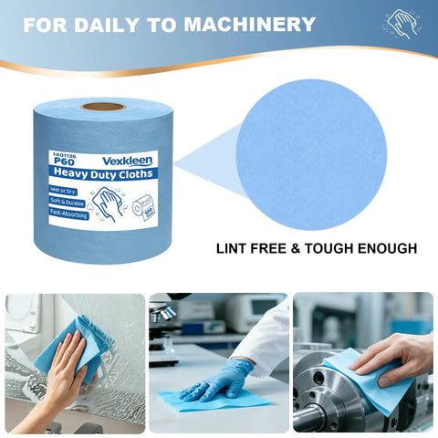 Workhorse Heavy Duty Industrial Wipes Blue 12 By 10 Inch Lint Free Cleanroom Cloths 500 Pack on a roll, shown in use for machinery cleanup.