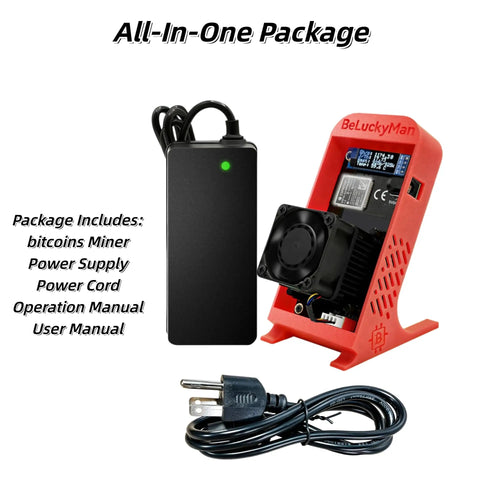 Open Source Bitcoin Miner 1.2 THs Quiet Home Solo Mining Rig With BM1370 ASIC Ultra Low 18W Power 2.4G WiFi Easy Setup Includes Power Supply And Red Stand For Education Or DIY Mining, with power cord