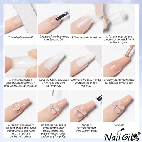 Step-by-step guide using 3D Gel For Nail Art Builder Kit All In One Nail Extension Gel Set Non Sticky HEMA Free MMA Free