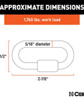 Diagram showing dimensions of Threaded Quick Link Trailer Safety Chain Hook Carabiner Clip Five Sixteenth Inch Diameter 1,760 lbs work load