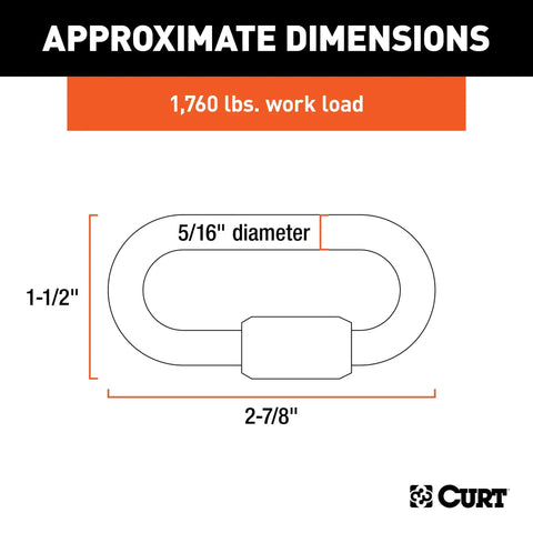 Diagram showing dimensions of Threaded Quick Link Trailer Safety Chain Hook Carabiner Clip Five Sixteenth Inch Diameter 1,760 lbs work load