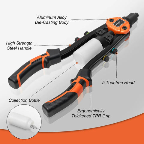 Heavy Duty 14 Inch Two-Handed Pop Rivet Gun Kit With 210 Rivets And Five Nosepieces for easy metal and automotive riveting