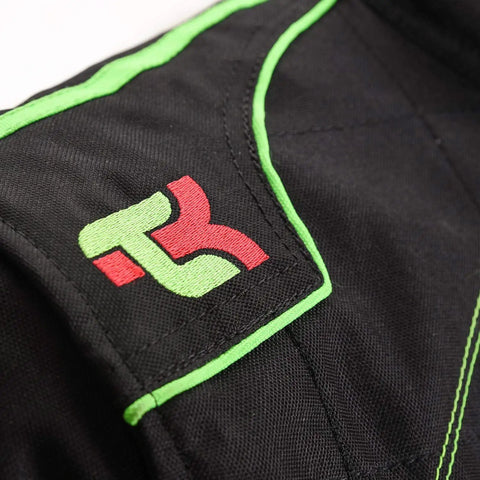 Close-up of black Go Kart Racing One Piece Cordura Suit for Adults XXL with logo and green trim, focusing on stitching detail.