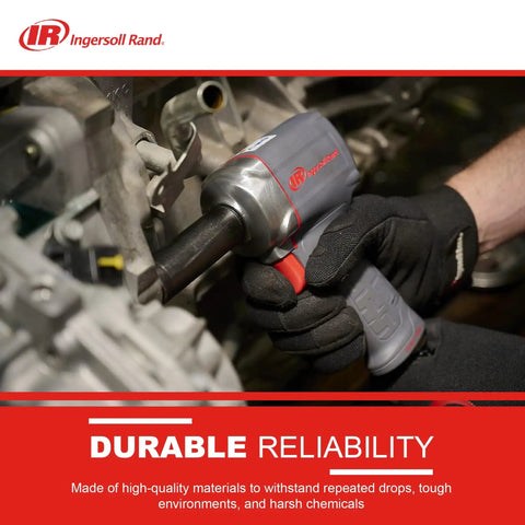 Close-up of half inch air impact wrench with quiet technology up to 650 foot pounds of torque in use on machinery.