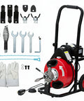 Professional Heavy Duty Electric Drain Cleaner With Automatic Feed Sewer Snake Auger, tools and gloves included for plumbing maintenance.