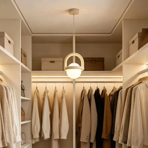 HLRCB Indoor Pendant Light, Cream White, Globe Shade Suspended Mount in a modern closet setting.