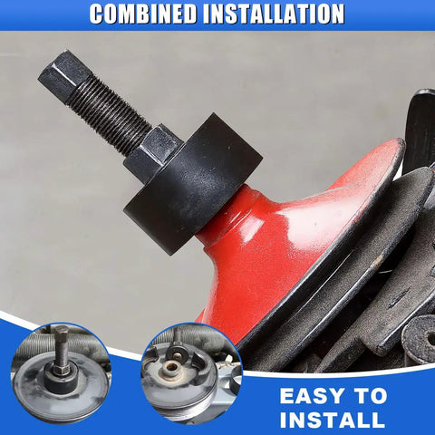 Heavy Duty Power Steering Pump Pulley Removal Tool Set Built Like A Tank To Crush Stubborn Rust Fast Premium Carbon Steel Heat Treated Anti Rust Pro Gear combined installation with threaded screw driver and red pulley.
