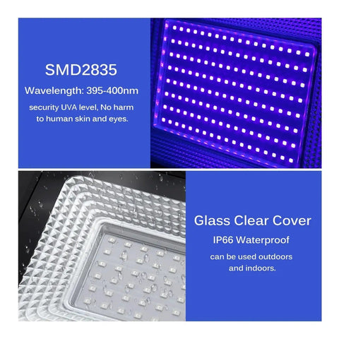 JUDYSSY 50W 100W 150W Led Uv Floodlight Ac220 showing SMD2835 UV LEDs with glass cover, IP66 waterproof for indoor and outdoor use.
