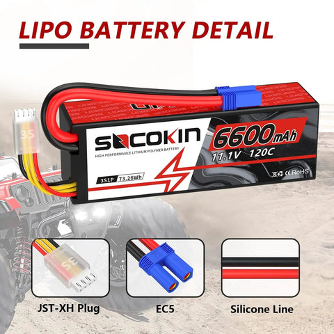 3S 11.1V 6600mAh 120C LiPo RC Battery with EC5 Connector, hardshell pack with JST-XHR plug details.