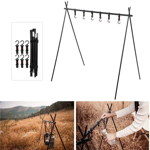 Portable Aluminum Camping Storage Hook Rack With Six Hooks Foldable Tripod Design for outdoor camp setup in meadow