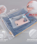 Bulk Pack 100 Count 10 By 13 Inch Frosted Zipper Plastic Bags For Clothing With Vent Holes shown with denim and phone inside