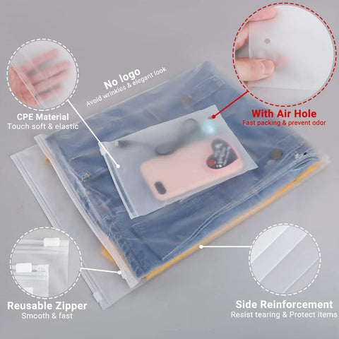 Bulk Pack 100 Count 10 By 13 Inch Frosted Zipper Plastic Bags For Clothing With Vent Holes shown with denim and phone inside