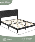 Queen Size Platform Bed Frame With Velvet Headboard And Wing Edge Design Crafted From Solid Wooden Slats For Legit Noise Free Rest No Box Spring Needed Straight Up Easy Assembly Matte Black Finish showing dimensions and slats.